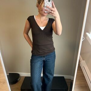 LOFT Chocolate Brown Twist-Front Cap Sleeve Top